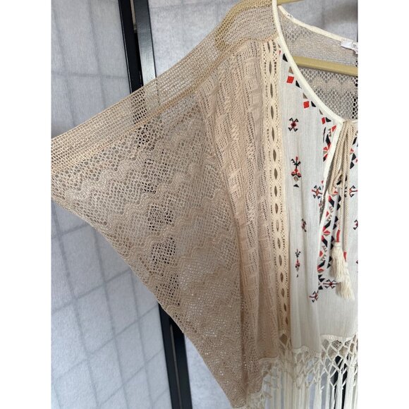 Miss Me Womens Large Beige Crochet Fringe Kimono BOHO Embroidered Details & Tass - Picture 5 of 7